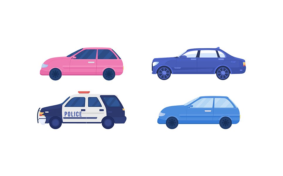 Different cars semi flat color vector objects