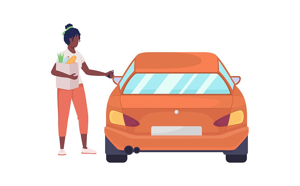 Woman with purchases opening car semi flat color vector character
