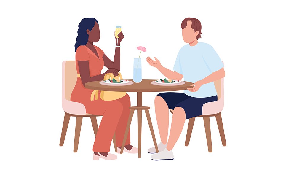 Guests sitting at table in restaurant semi flat color vector characters