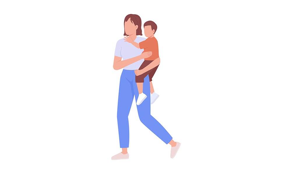 Woman carrying little boy semi flat color vector characters