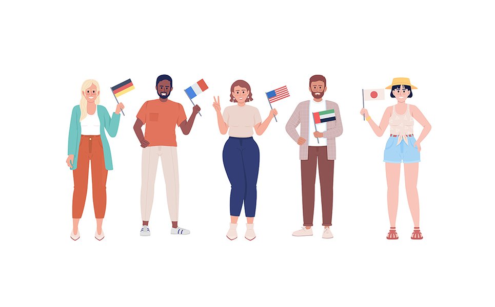 People with country flags semi flat color vector characters