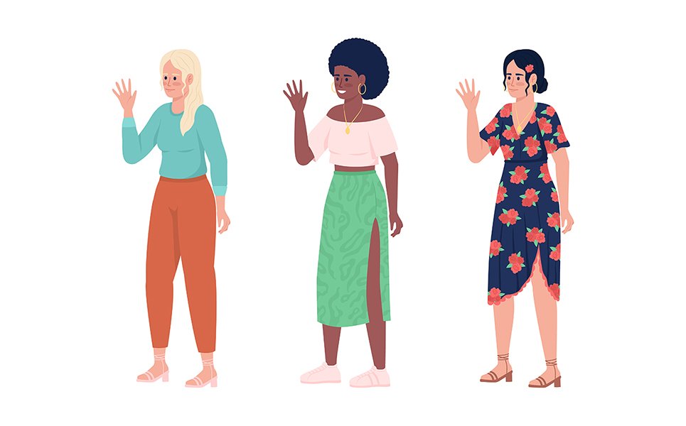 Smiling women waving hands semi flat color vector character set