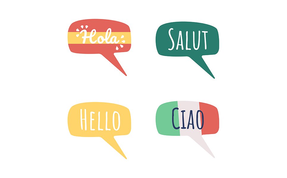 Greeting words in different languages semi flat color vector speech bubble set