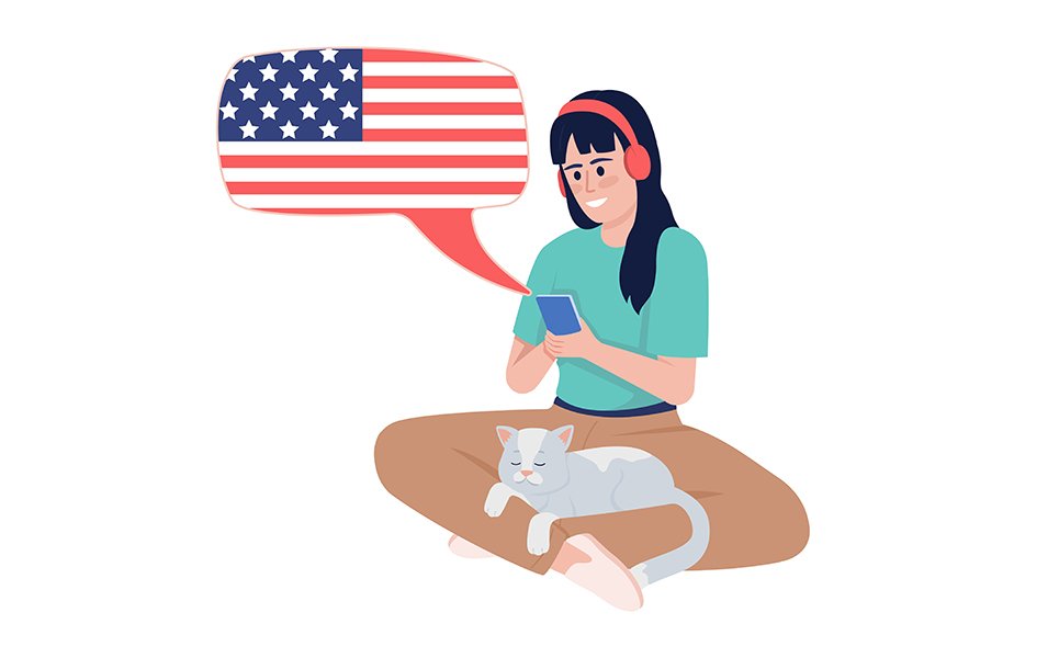 Young woman listening to american english course semi flat color vector character
