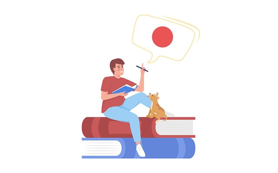 Young man learning japanese by himself semi flat color vector character