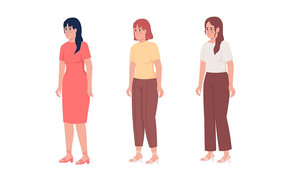 Women with different emotional states semi flat color vector characters set