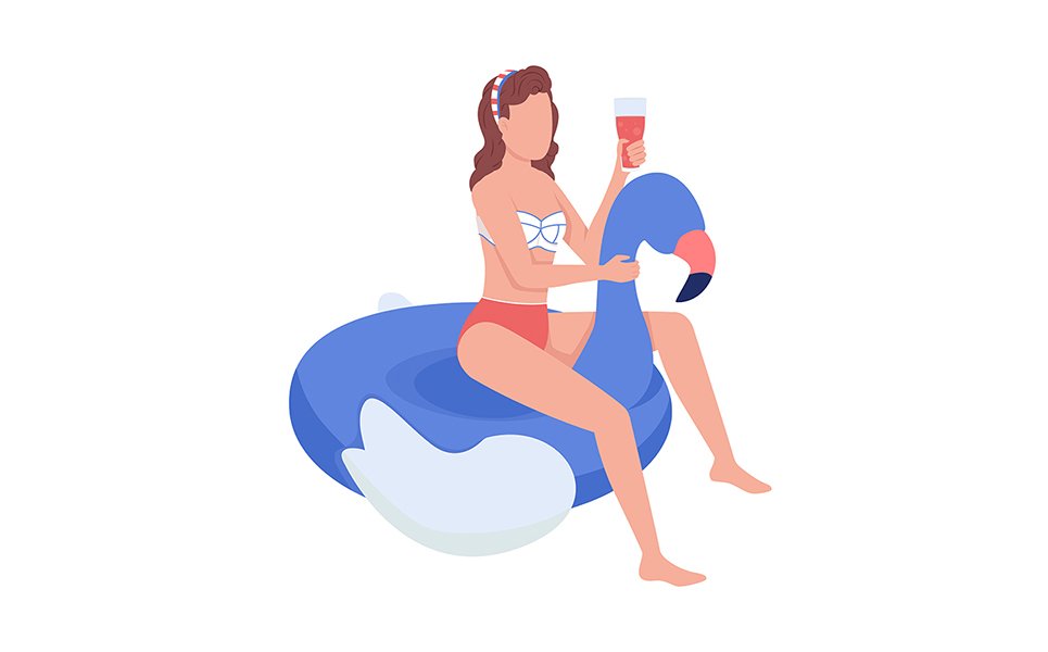 Woman with cocktail on inflatable flaming semi flat color vector character