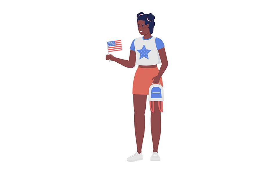 Young woman holding American flag flat color vector character