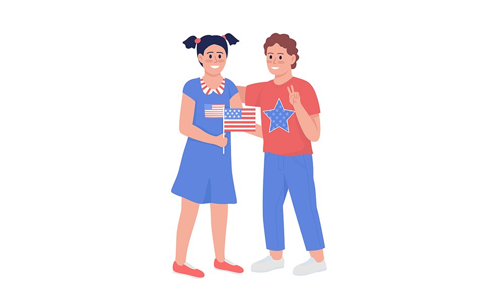 Happy kids with American flag semi flat color vector characters