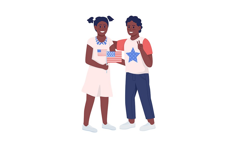 Kids with National American flag semi flat color vector characters