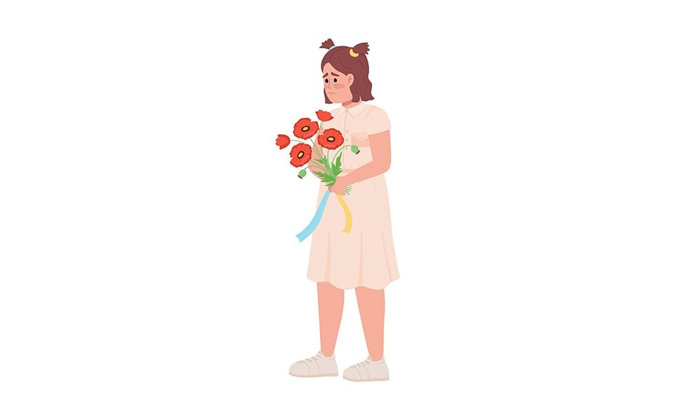 Sad Ukrainian child with bouquet with semi flat color vector character