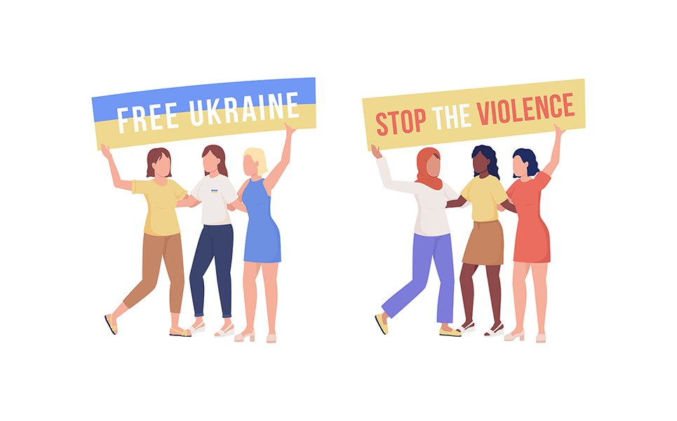 Protesting women semi flat color vector characters set