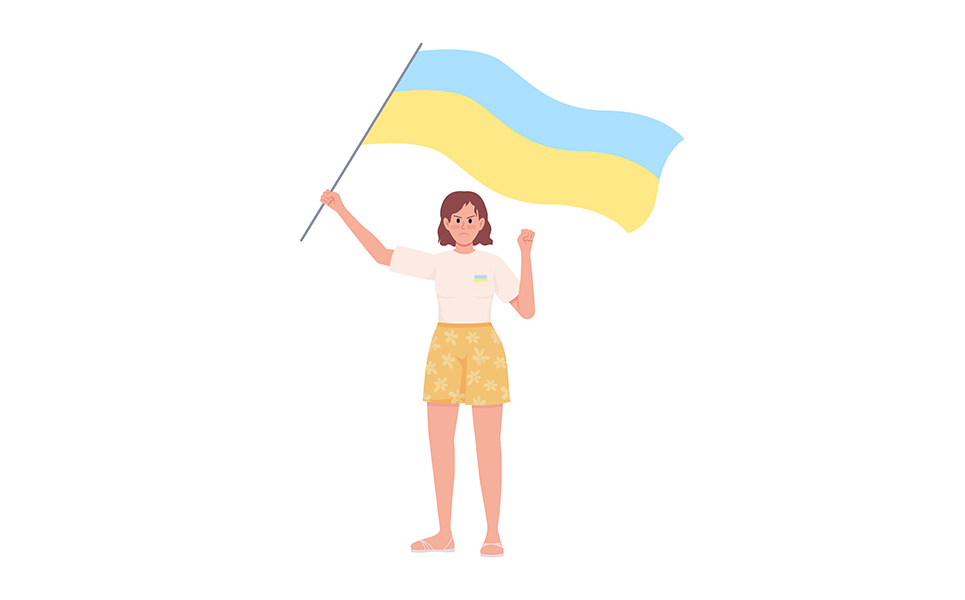 Lady holding Ukrainian flag semi flat color vector character