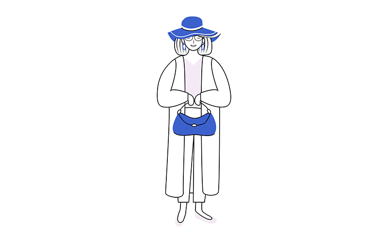 Pretty woman wearing elegant jacket and hat semi flat color vector character