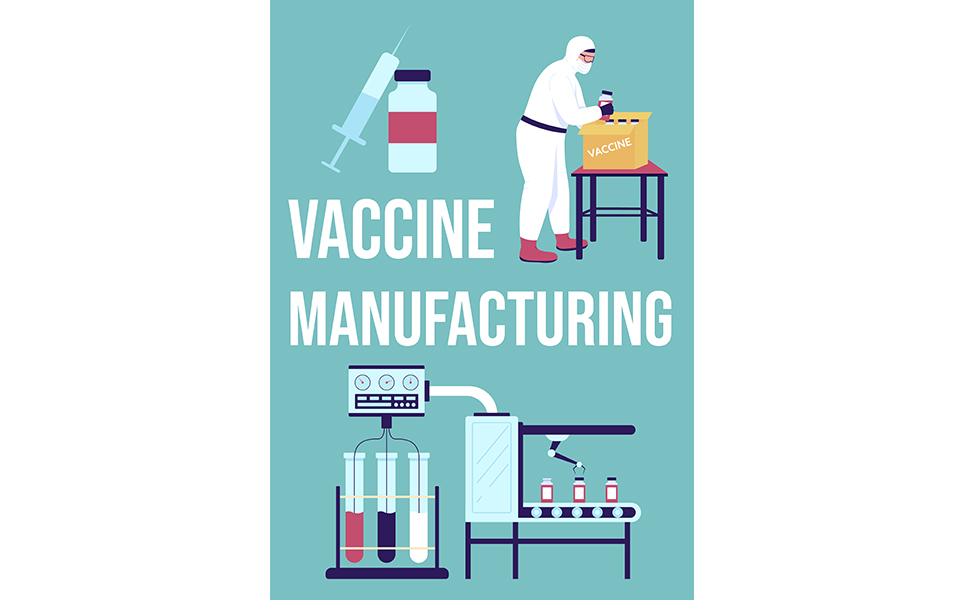 Vaccine manufacturing poster flat vector template