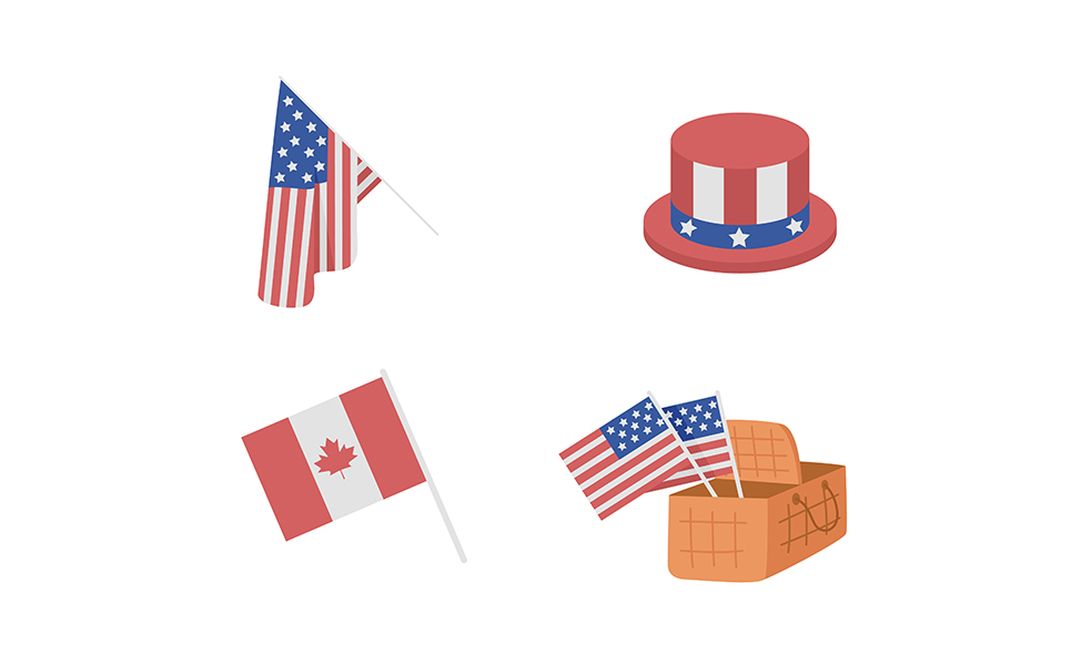 Patriotic attributes for American Independence day semi flat color vector items set