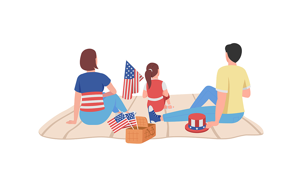 American family on July 4th semi flat color vector character