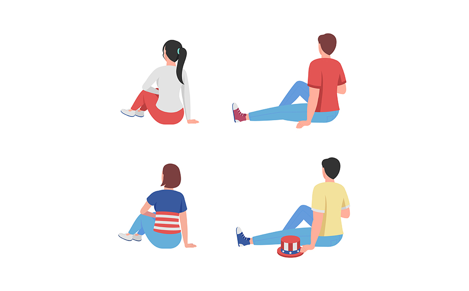 Sitting people on picnic semi flat color vector characters set
