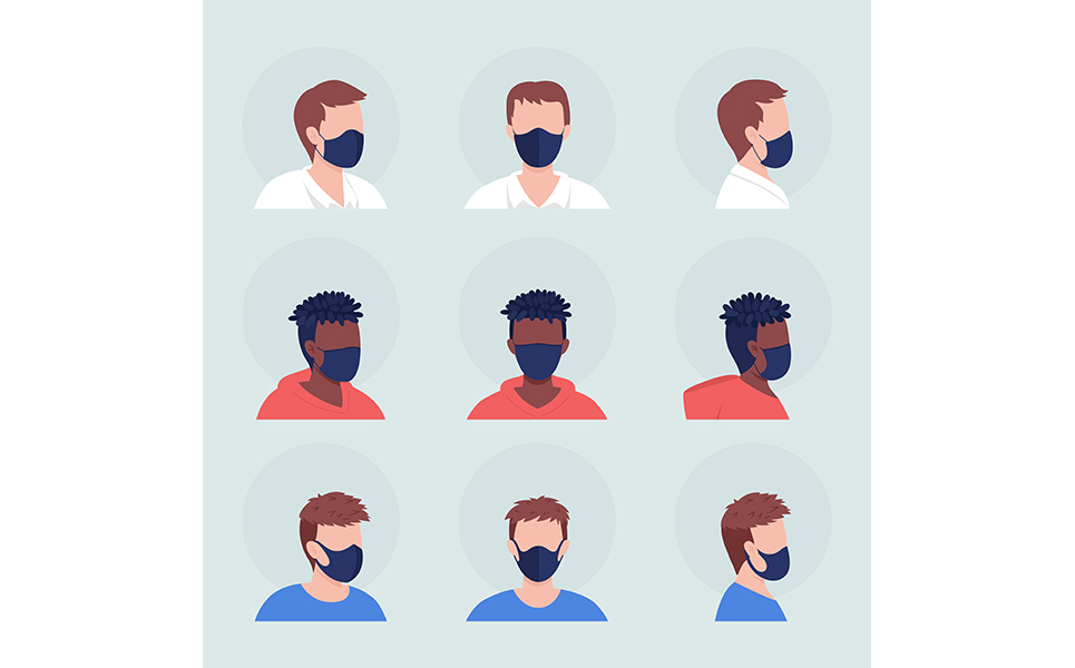 Men wearing mask semi flat color vector character avatar set