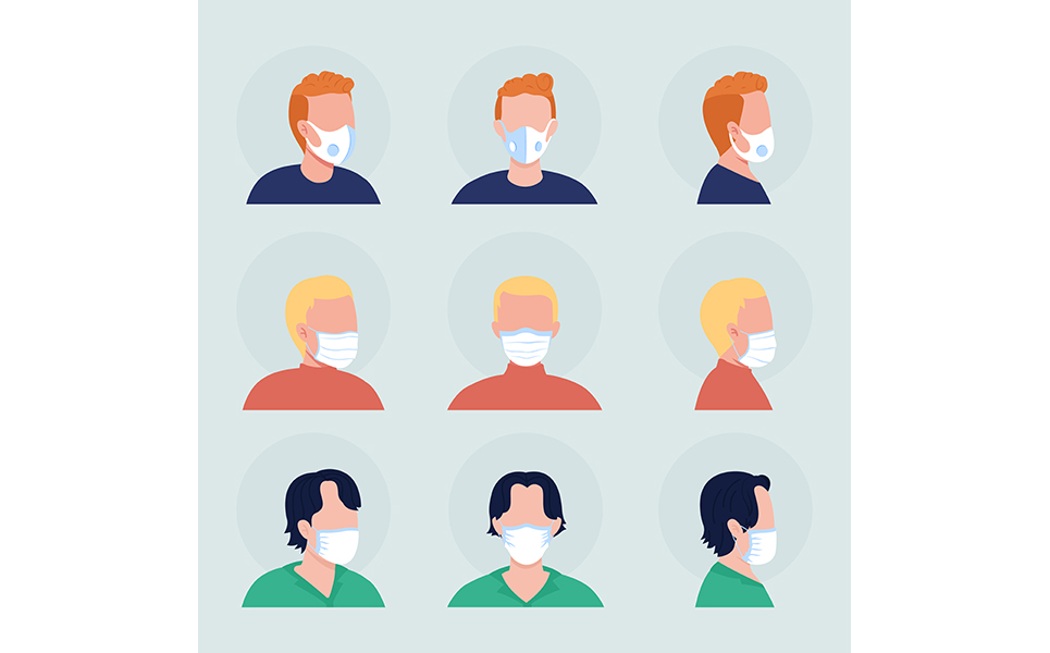 Face covering semi flat color vector character avatar with mask set