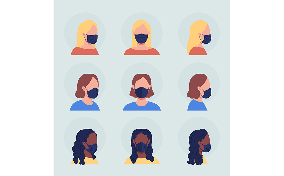 Different women in mask semi flat color vector character avatar set