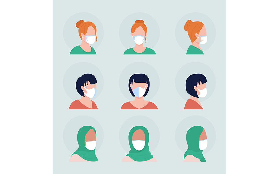 Women with white masks semi flat color vector character avatar set