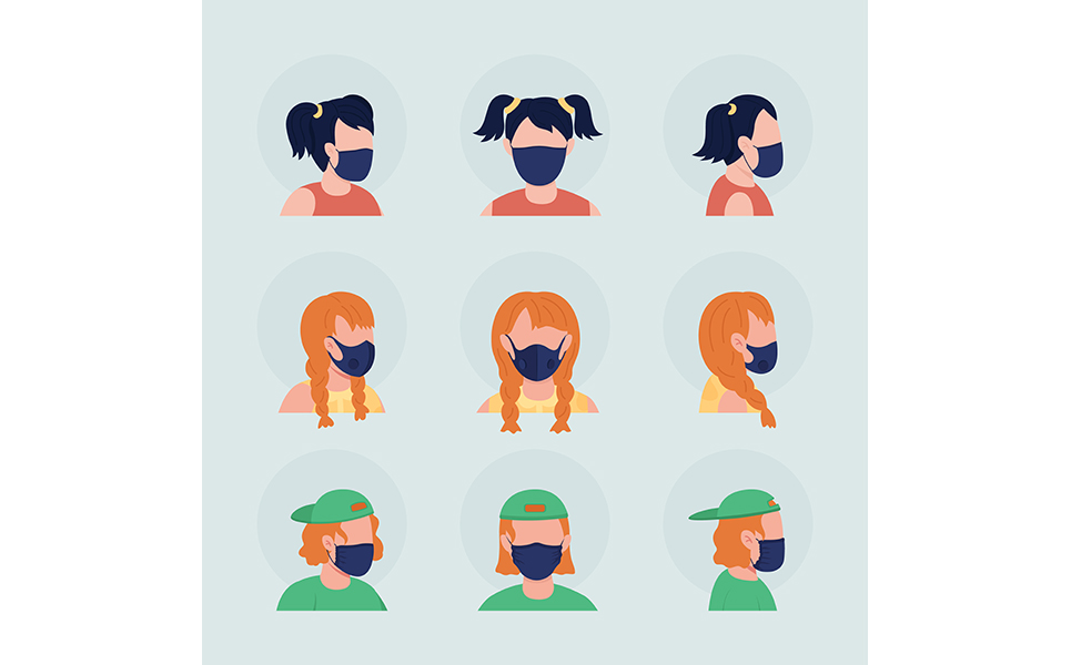 Teens with black masks semi flat color vector character avatar set