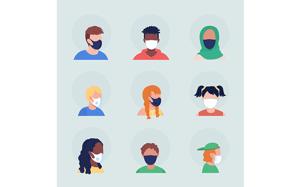 No-pleat medical masks semi flat color vector character avatar set