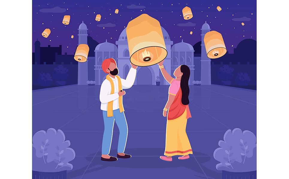 Traditional Diwali celebration flat color vector illustration
