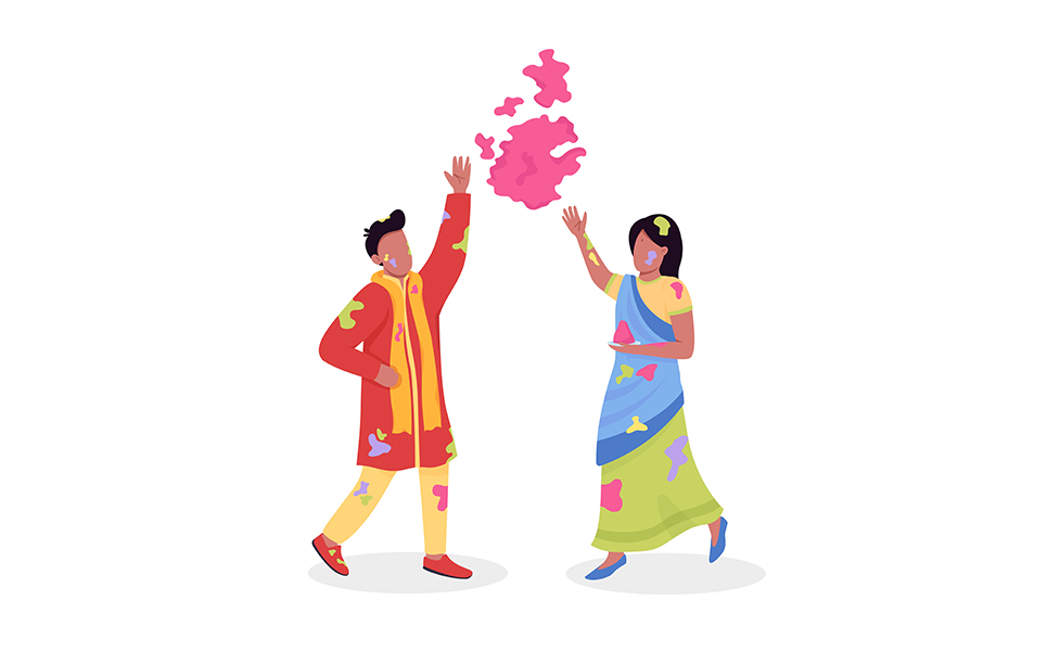 Couple celebrating Holi semi flat color vector characters