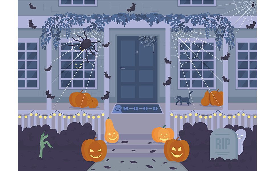 Halloween house at night flat color vector illustration