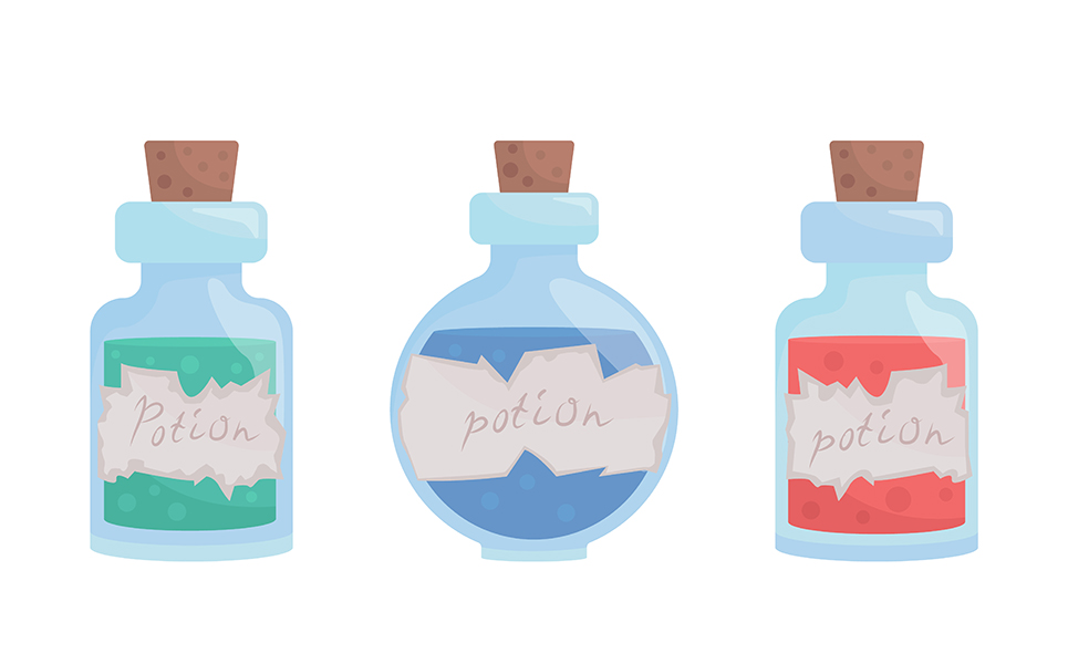 Potion bottles semi flat color vector item set