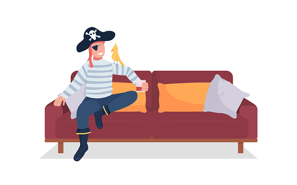 Man in costume relax on sofa semi flat color vector character