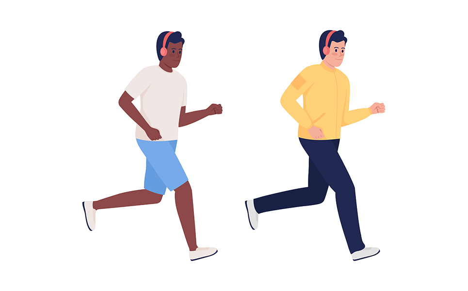 Male marathon runners wearing headphones semi flat color vector characters set