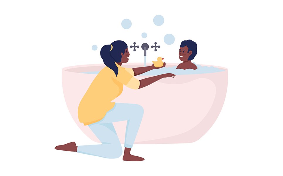 Mother bathing her son semi flat color vector characters