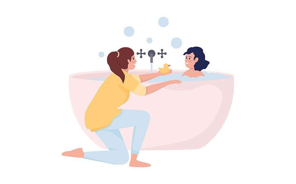 Mother bathing her daughter semi flat color vector characters