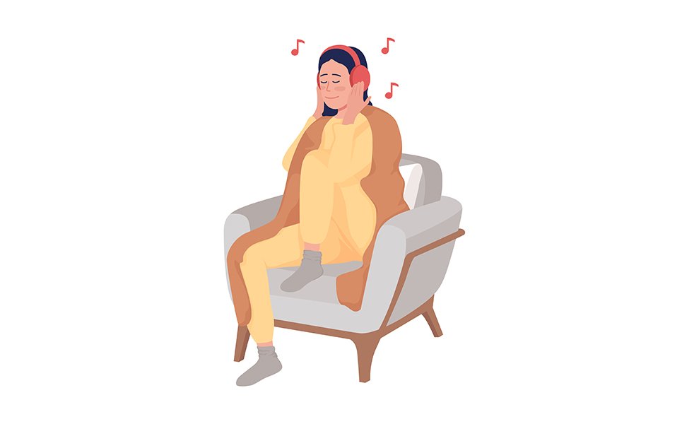 Girl listening to music semi flat color vector character