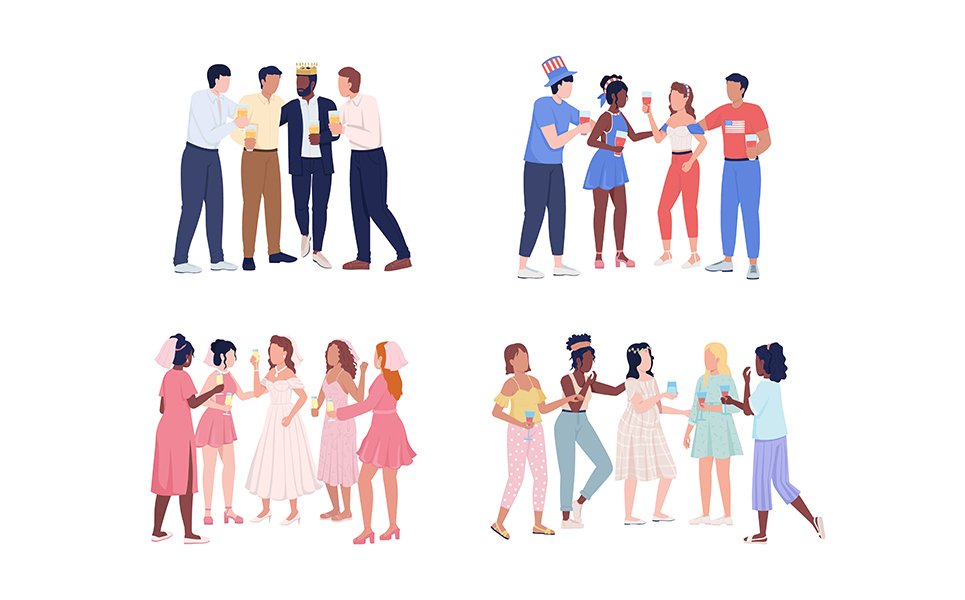 Friends having fun at party semi flat color vector characters set