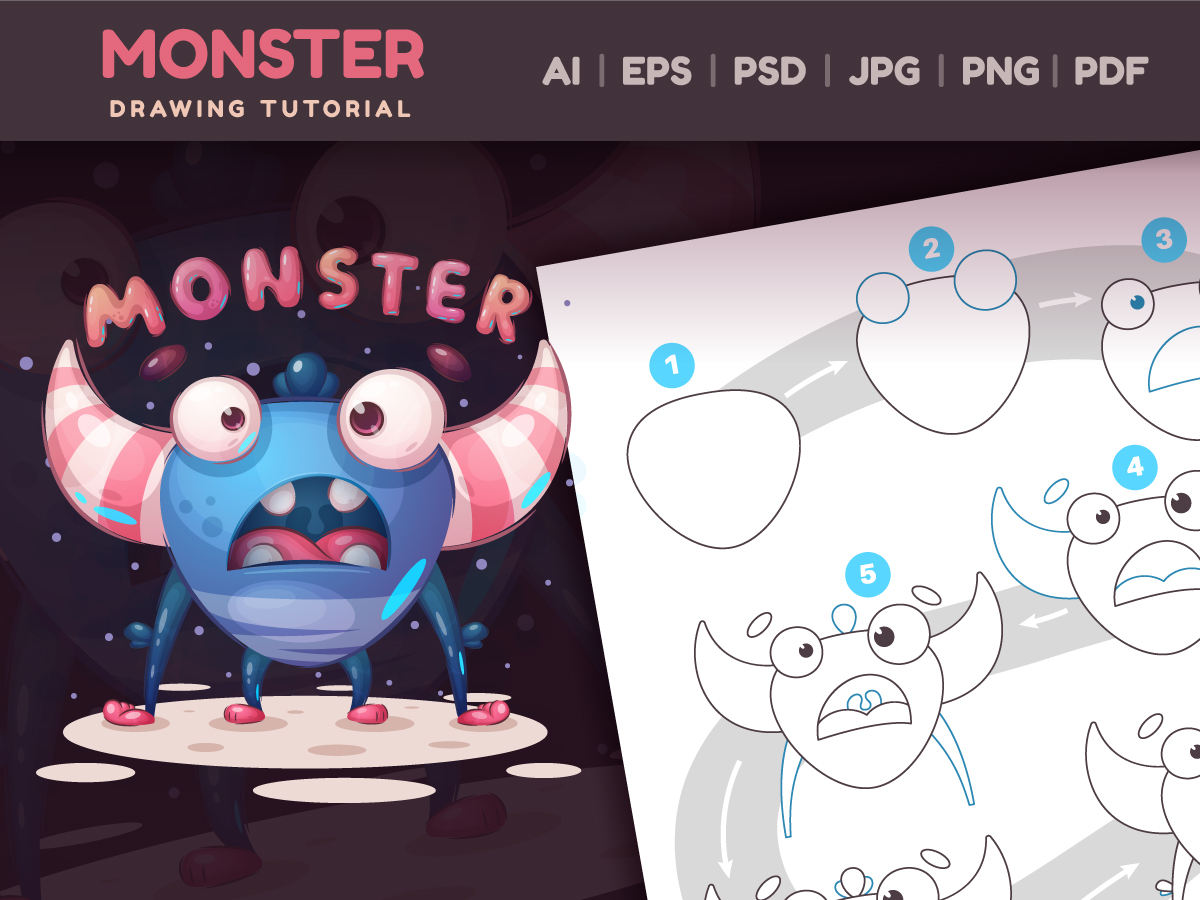 Monster Step by Step Drawing lesson, Kids Tutorial
