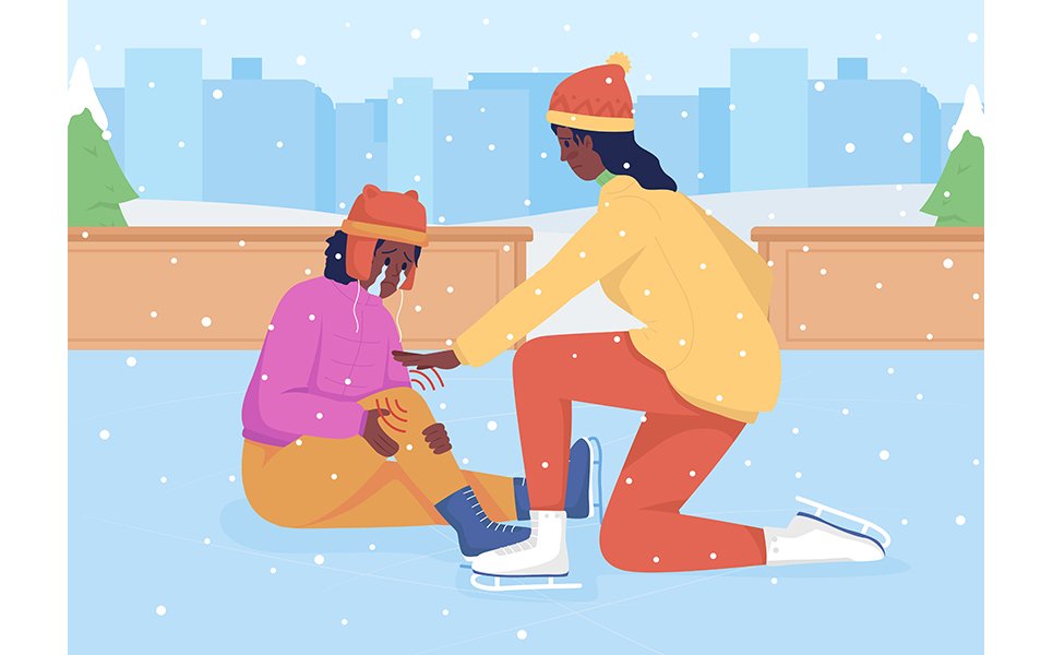 Falling on ice rink flat color vector illustration