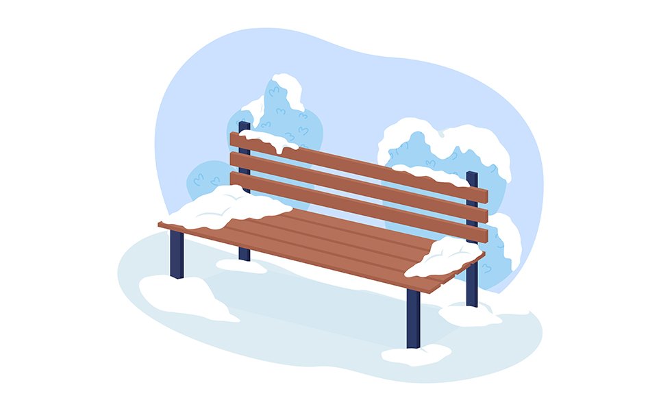 Bench in winter park 2D vector isolated illustration