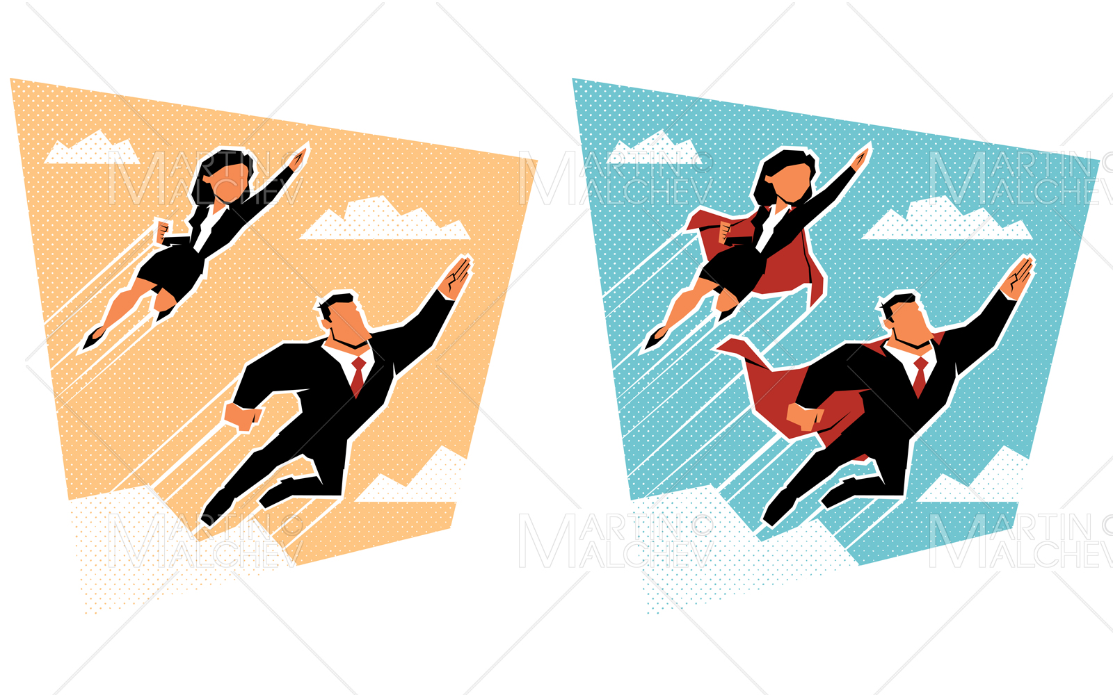 Business Couple Flying in Sky Vector Illustration