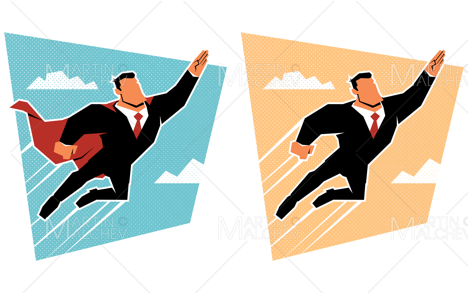 Super Businessman Flying Up in Sky Vector Illustration