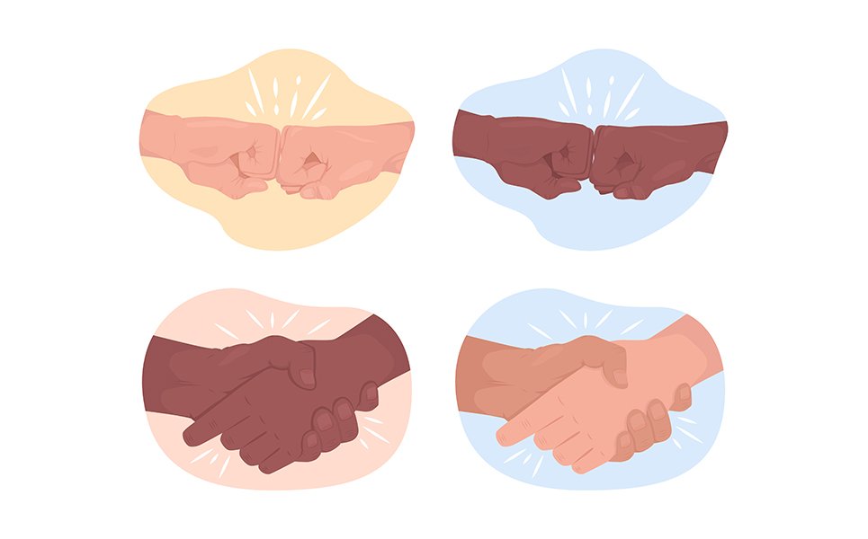 Friendly interaction 2D vector isolated illustration set