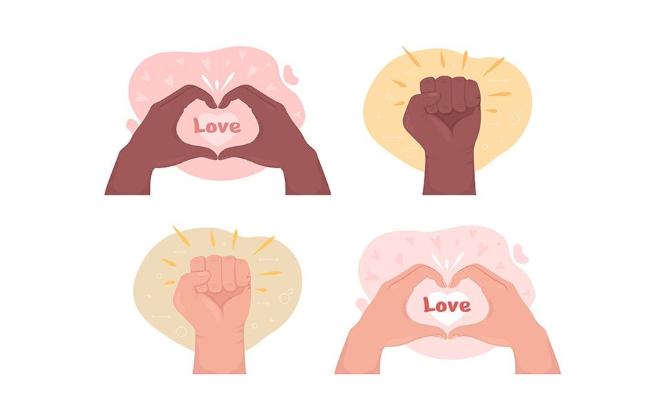 Love and support 2D vector isolated illustration set