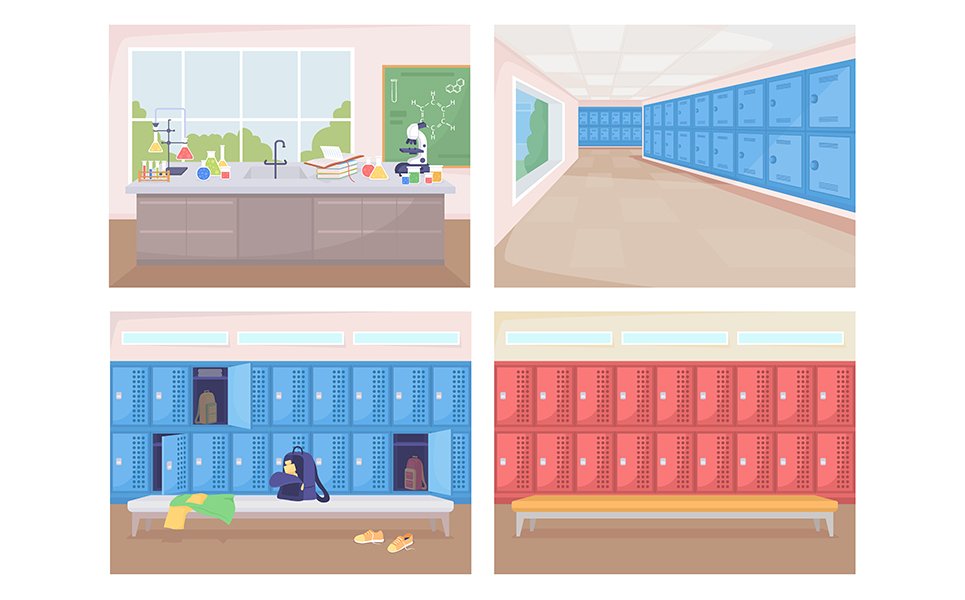 School rooms flat color vector illustration set