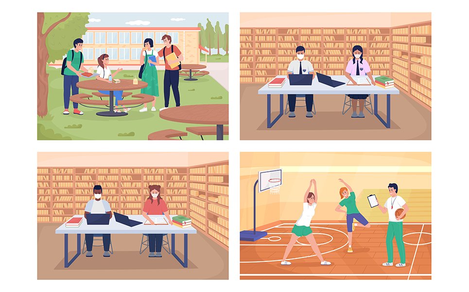 School activities flat color vector illustration set