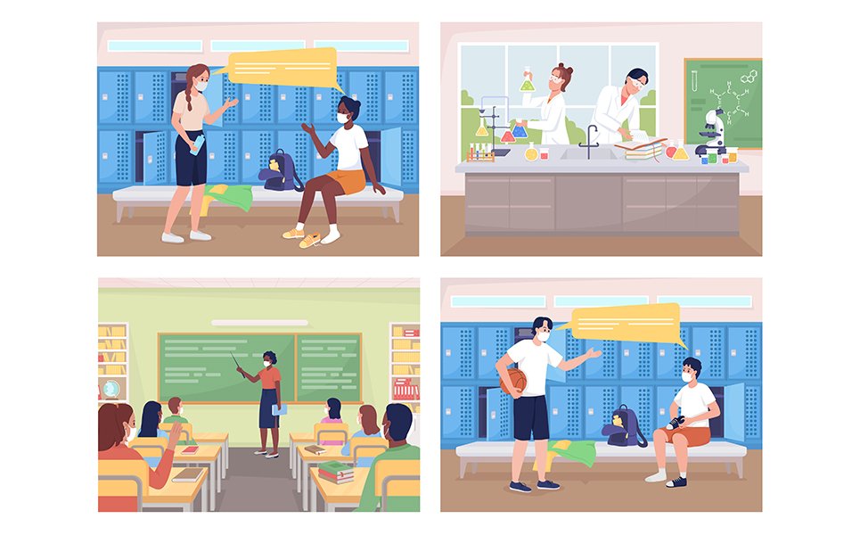 High school classes flat color vector illustration set