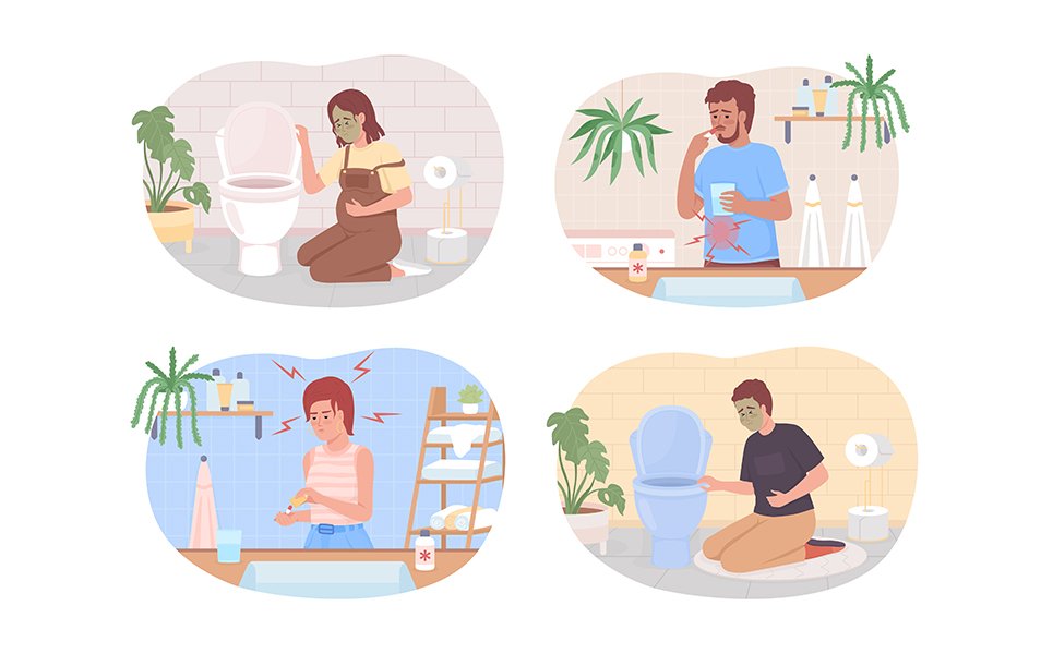 People suffering from pain and nausea 2D vector isolated illustrations set