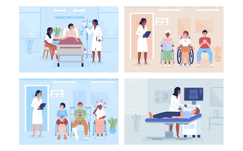 Doctor and patients in hospital flat color vector illustrations set